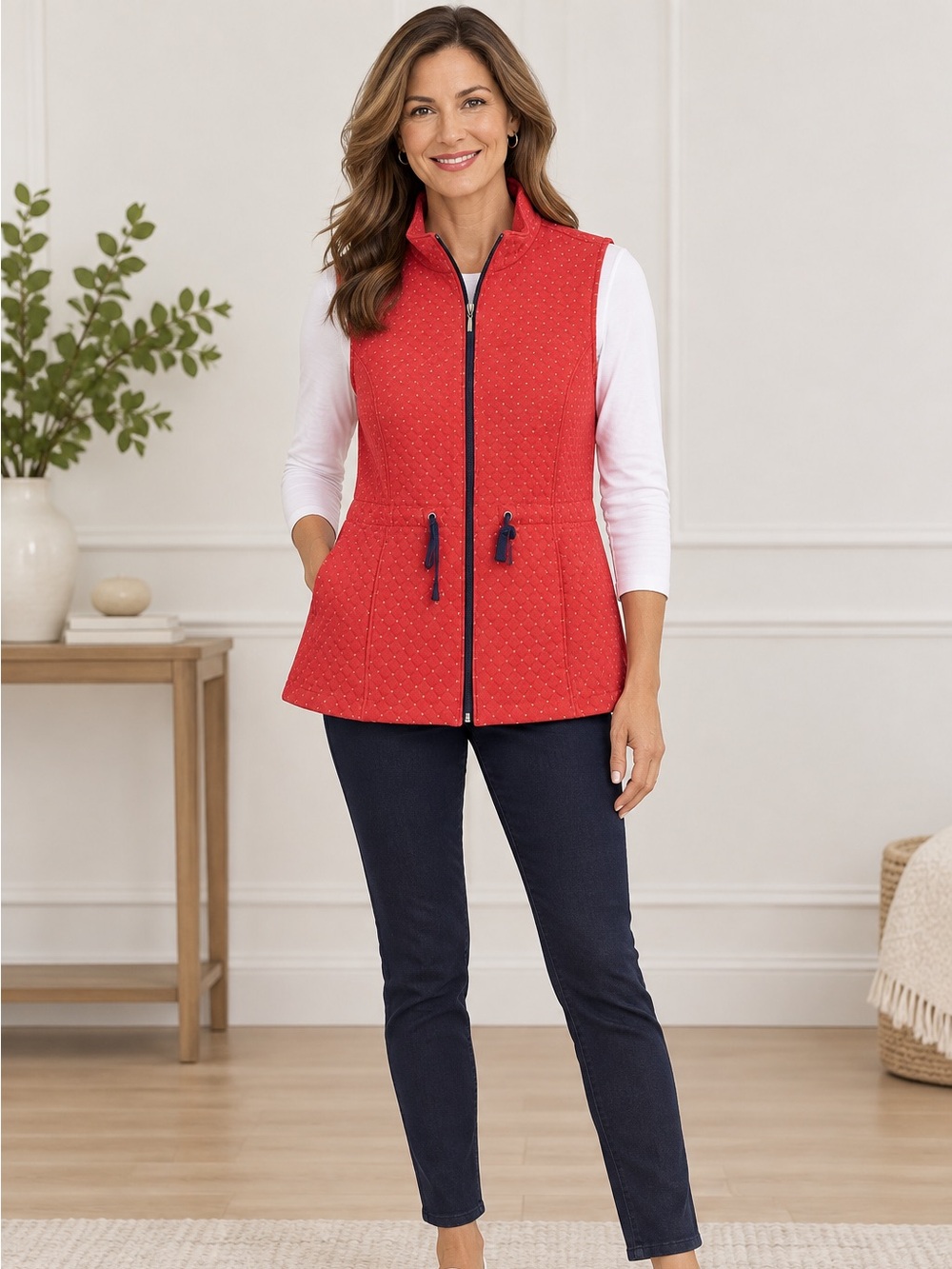 Weekends By Chicos Size 0 Small/4 Vest Red White Polka Dot Reversible Full Zip